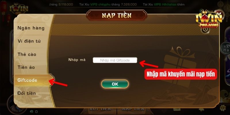 Đổi giftcode thành tiền nạp vào cổng game