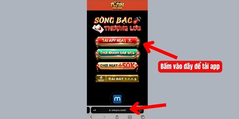 Bước 1 - Chọn tải app ngay trên trang chủ Iwinpro.mobi